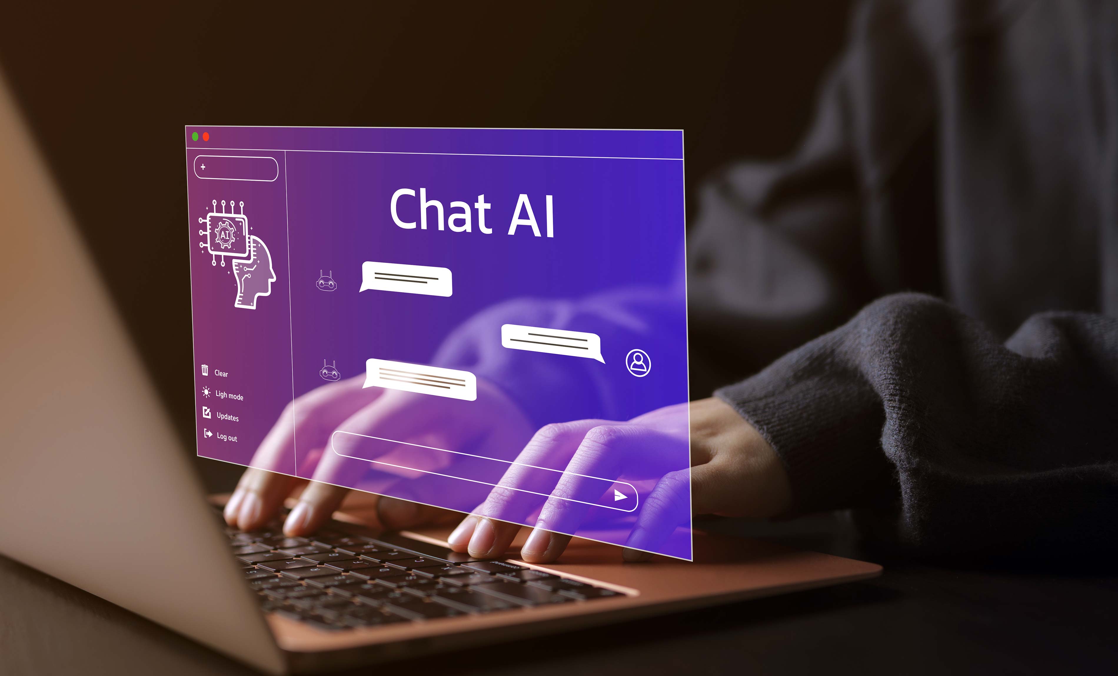 Woman using a laptop computer chatting with an intelligent artificial intelligence asks answers