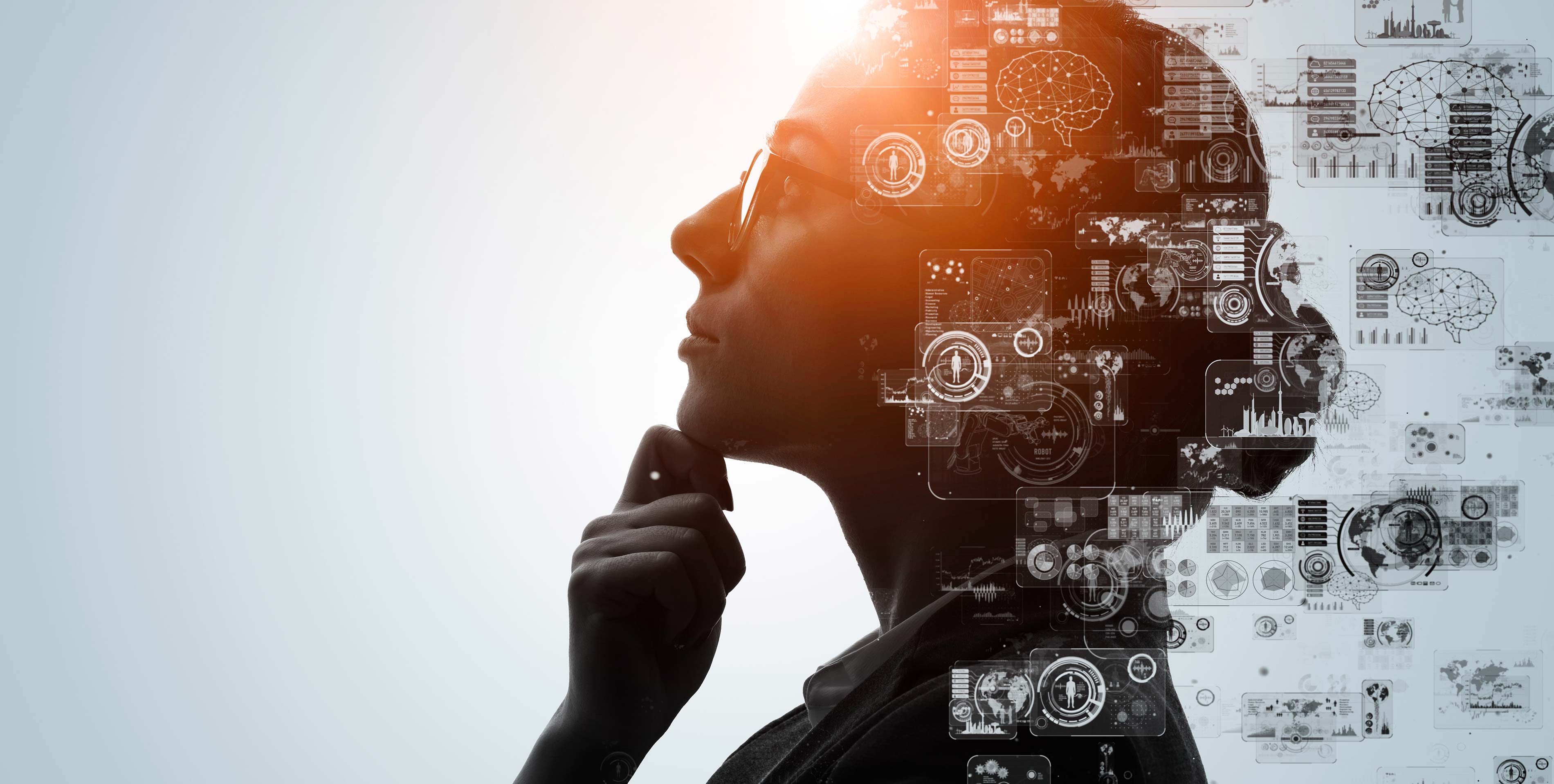 Illustration of a woman thinking with digital artifacts on top of her image