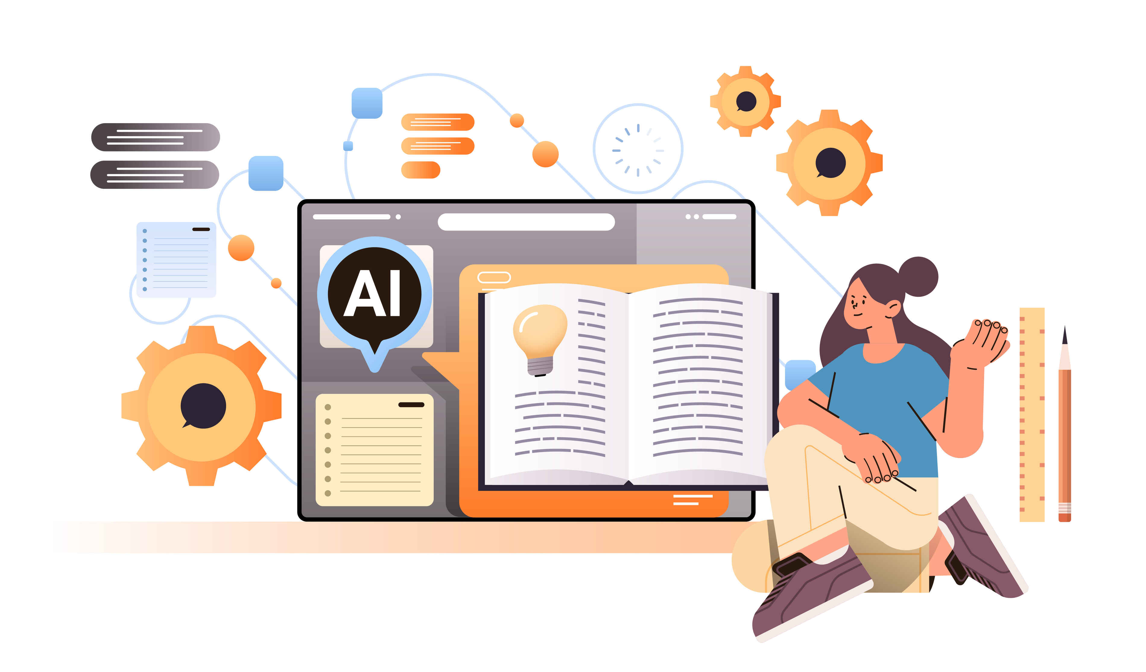 woman studying and writing down new ideas investigations in computer app with ai helper bot creative writing tool concept