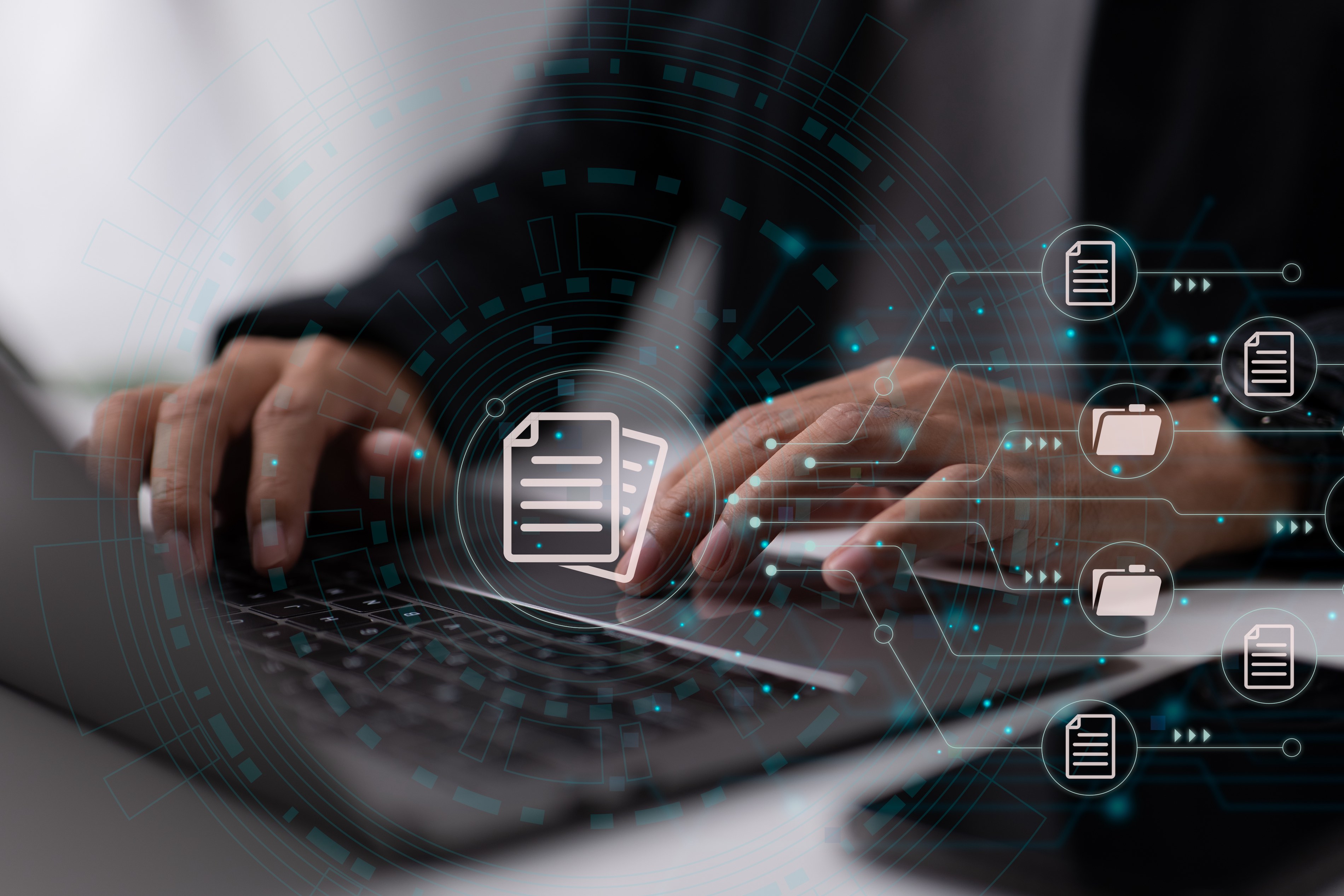 Graphic of a file system superimposed over a laptop.