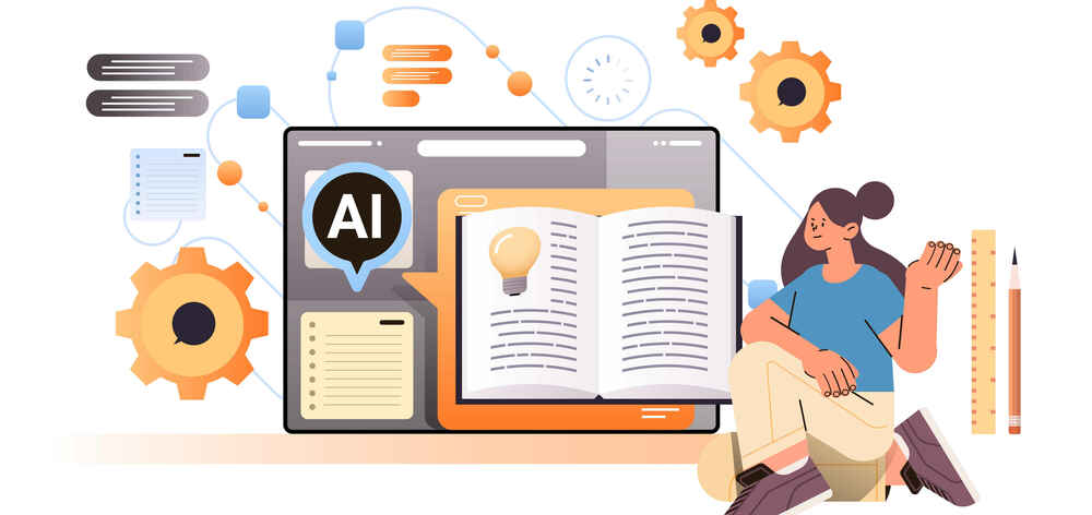 woman studying and writing down new ideas investigations in computer app with ai helper bot creative writing tool concept