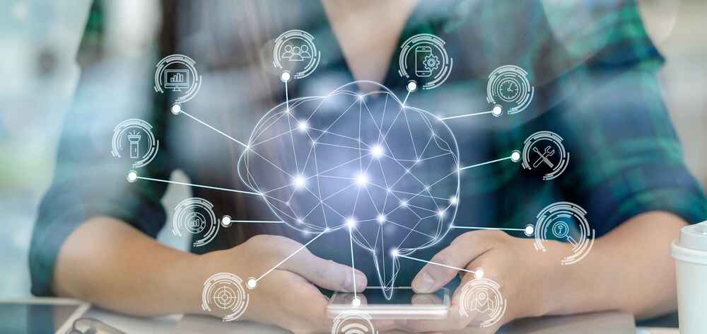 A smiling woman uses a smartphone with a digital brain graphic and various technology icons overlaid, representing connections and networked data.