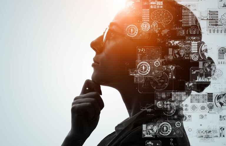 Illustration of a woman thinking with digital artifacts on top of her image