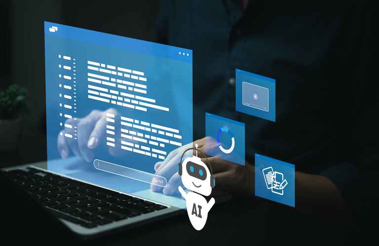 A person typing on a laptop with floating digital interfaces, including text, charts, and a small AI robot icon, symbolizing AI integration in technology.