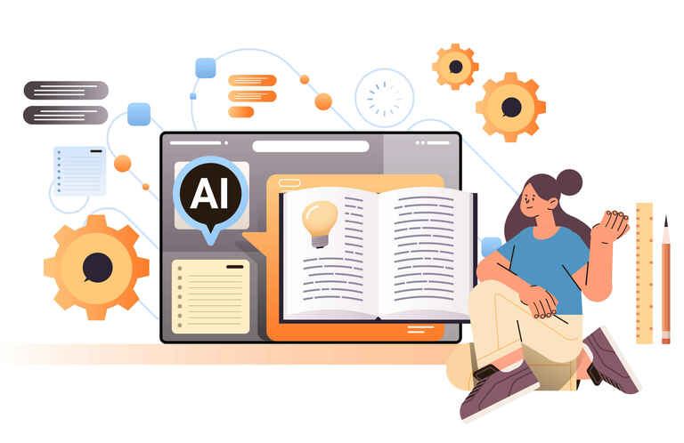 woman studying and writing down new ideas investigations in computer app with ai helper bot creative writing tool concept