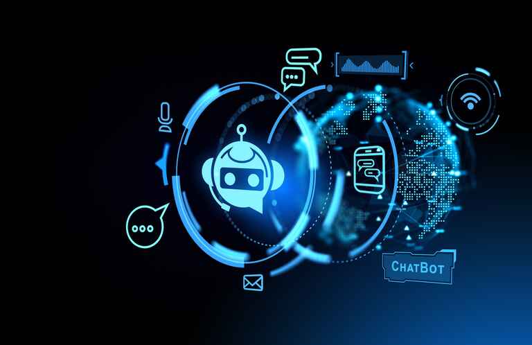 Chat bot hologram and social network icons, AI and virtual assistance