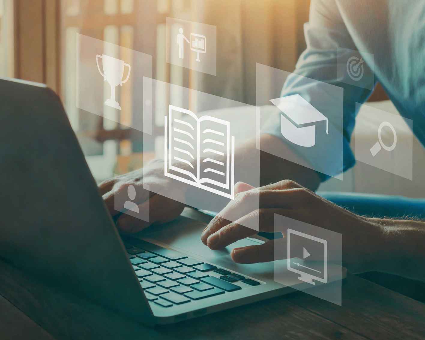 Photo of someone typing on a keyboard with illustrations on top representing different technology tools