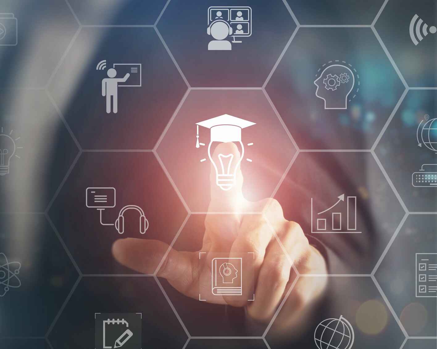 An illustration of someone touching a floating screen, with educational technology icons