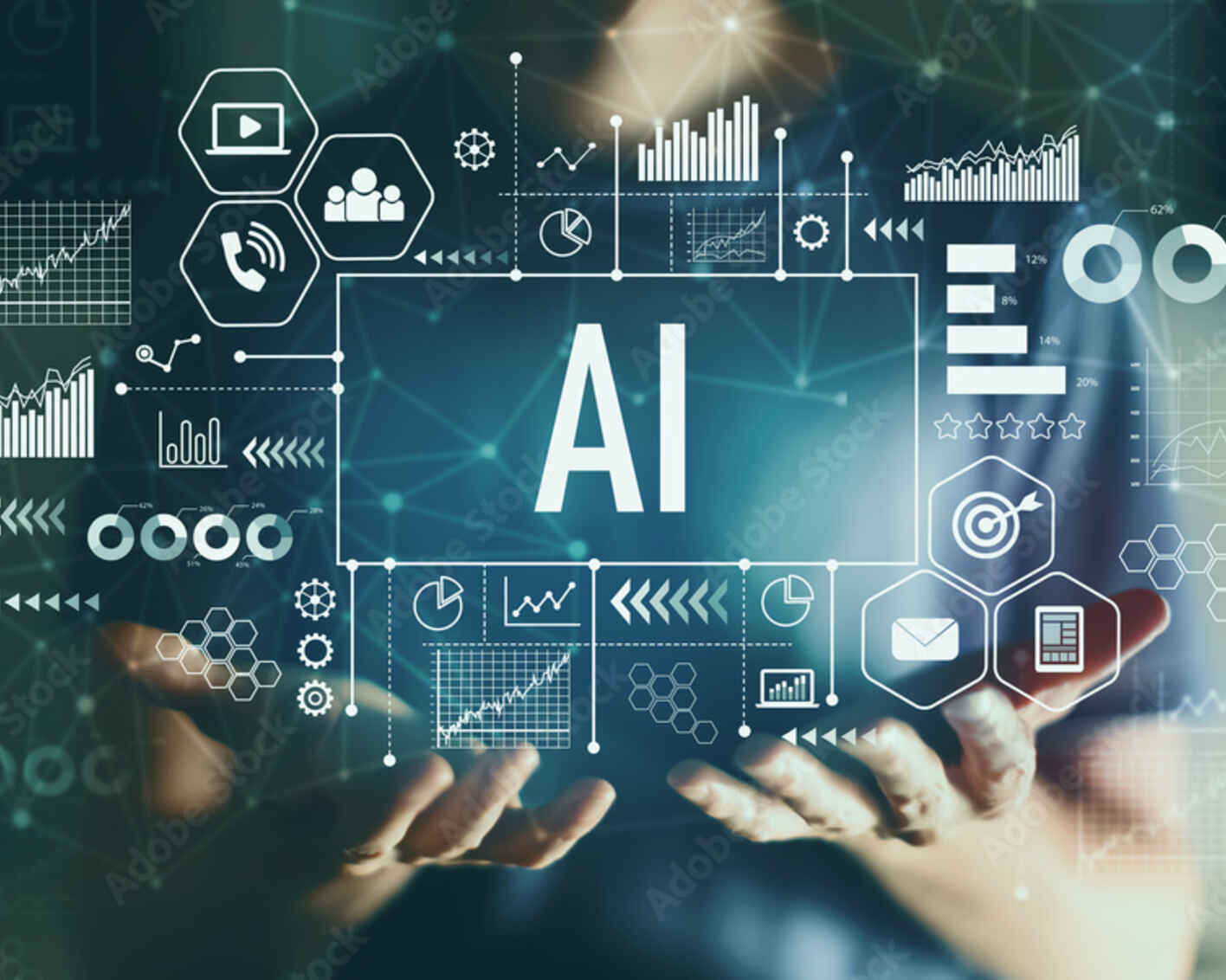 various data points imagined as icons that influence AI being held by the hands of an anonymous user