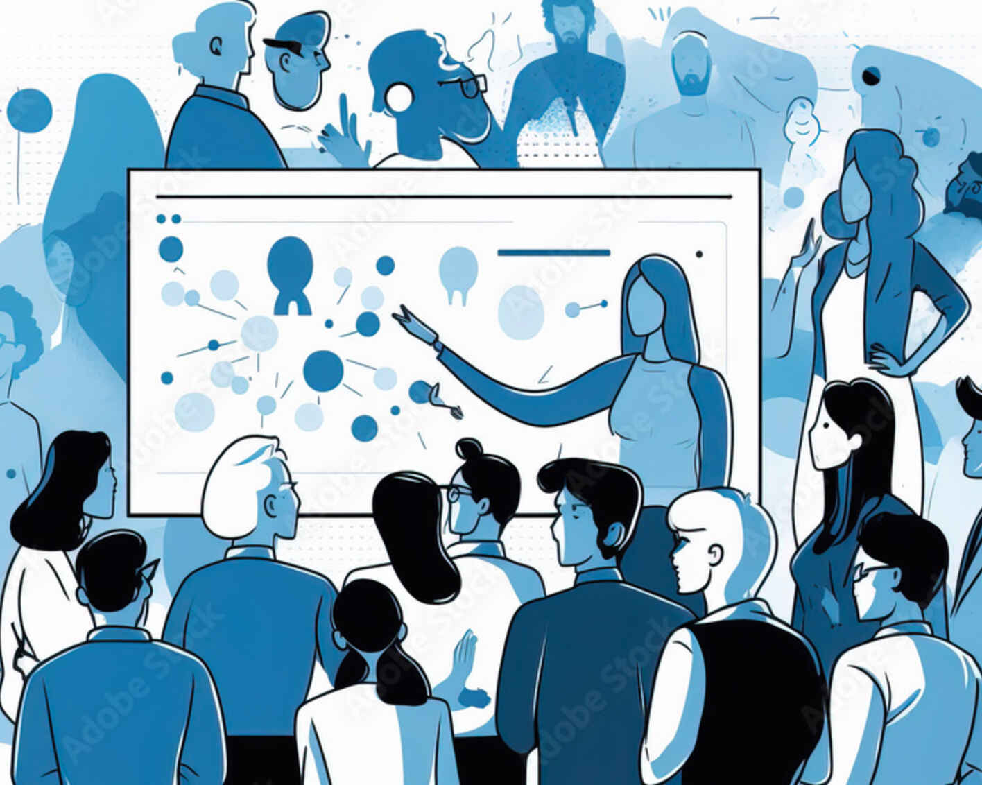 artistic rendering of a professional giving a webinar to many other interested people