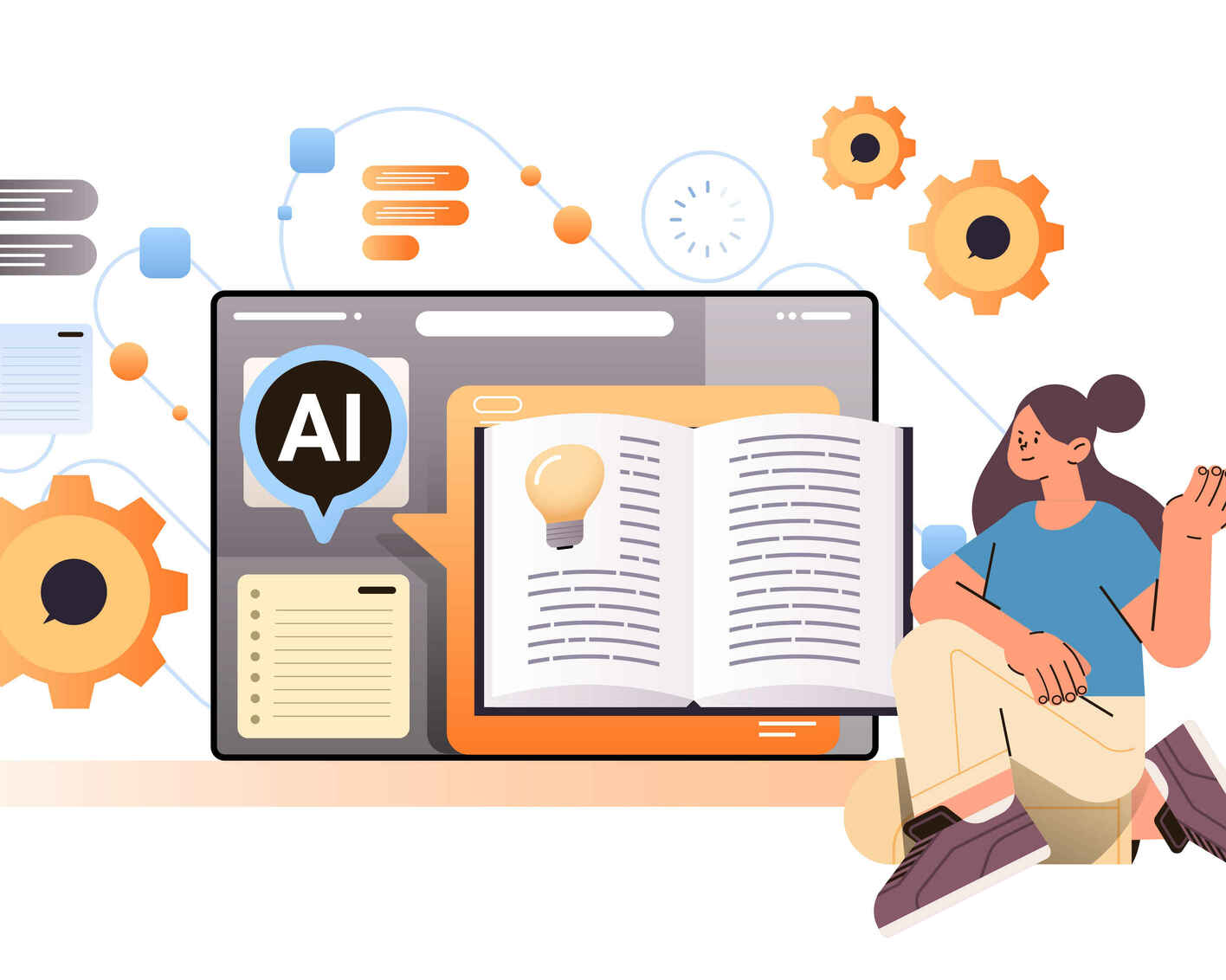 woman studying and writing down new ideas investigations in computer app with ai helper bot creative writing tool concept