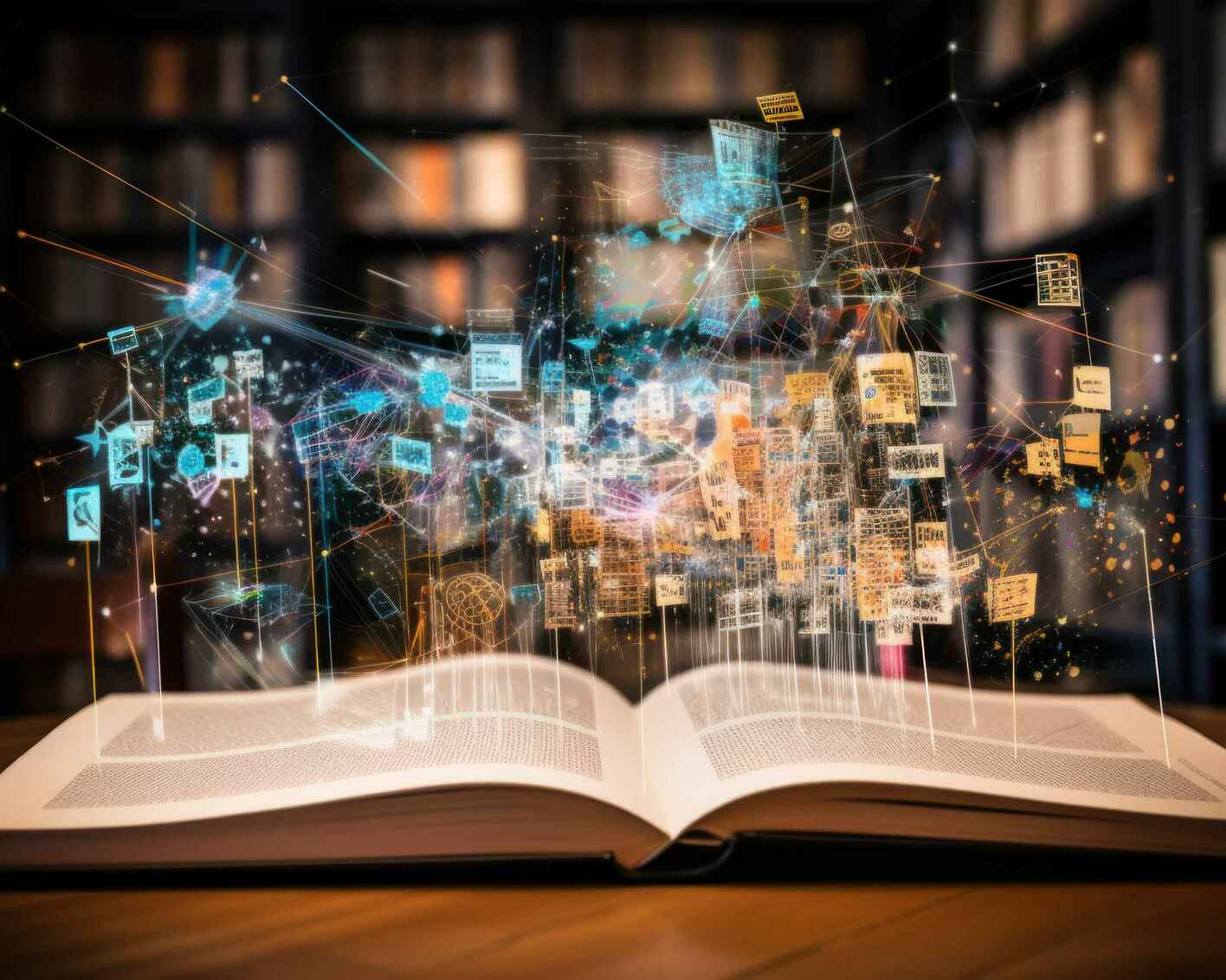 AI in Education. Digital book opening, with AI code and interactive elements. Integration of AI in transforming traditional educational materials into interactive learning experiences