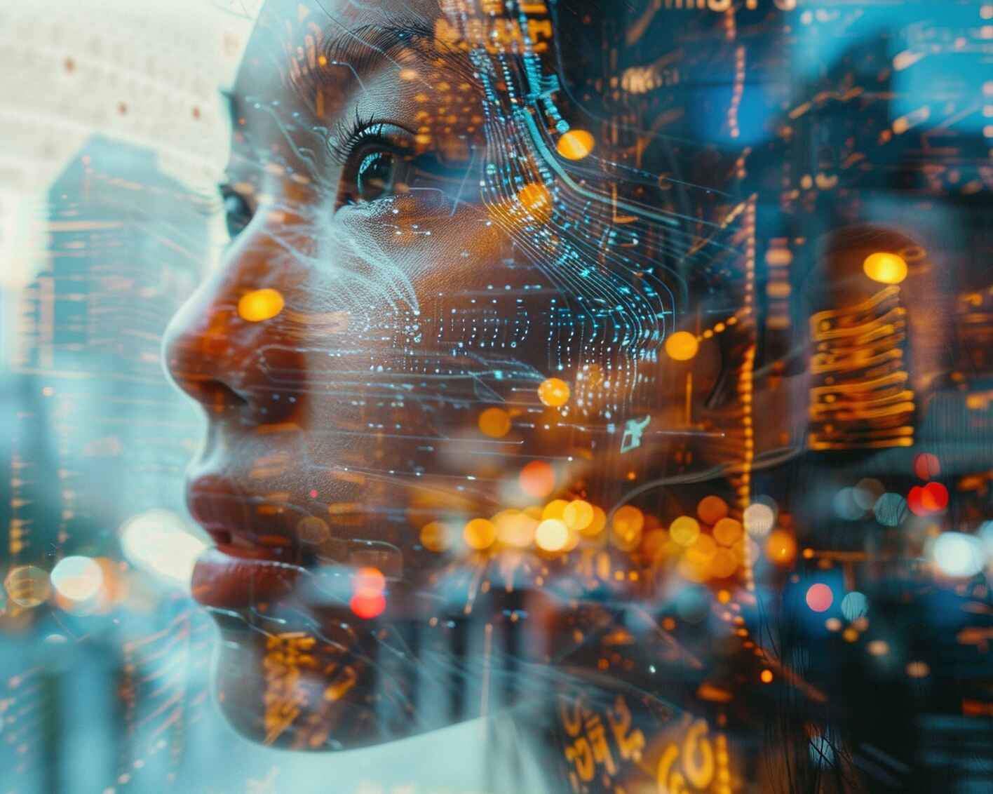 A student's silhouette intertwines with a futuristic AI construct, symbolizing the future of education where minds and machines learn together