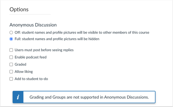 screenshot of anonymous discussion options: full: student names and pictures hidden