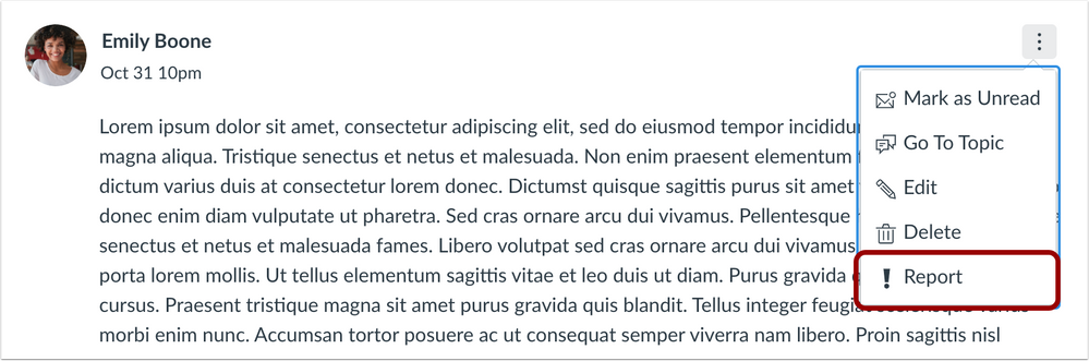 screenshot of reporting a post