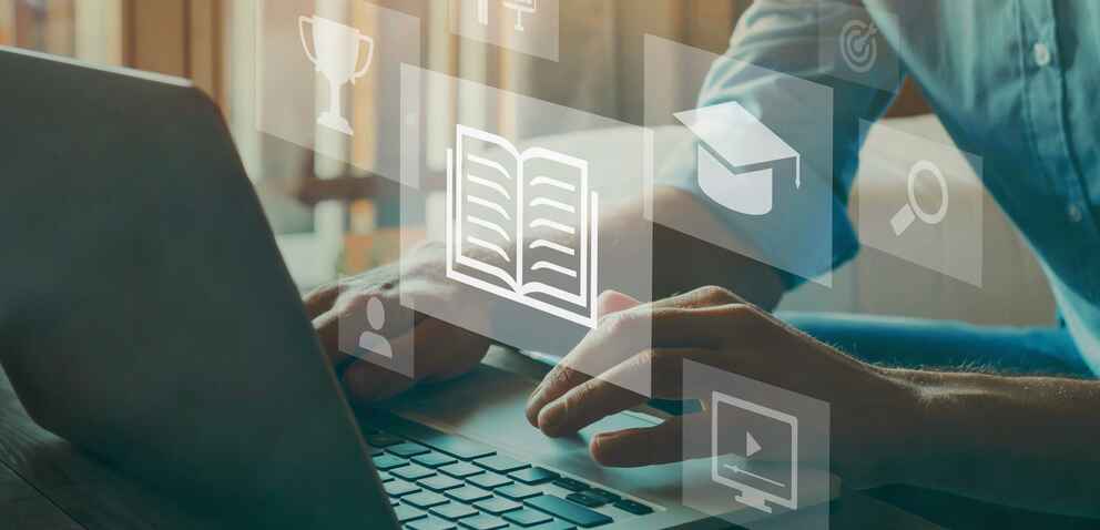 Photo of someone typing on a keyboard with illustrations on top representing different technology tools