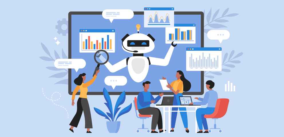 Illustration of people using AI technology for charts and marketing