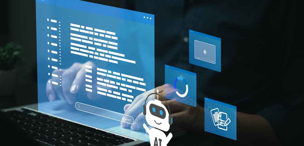 A person typing on a laptop with floating digital interfaces, including text, charts, and a small AI robot icon, symbolizing AI integration in technology.