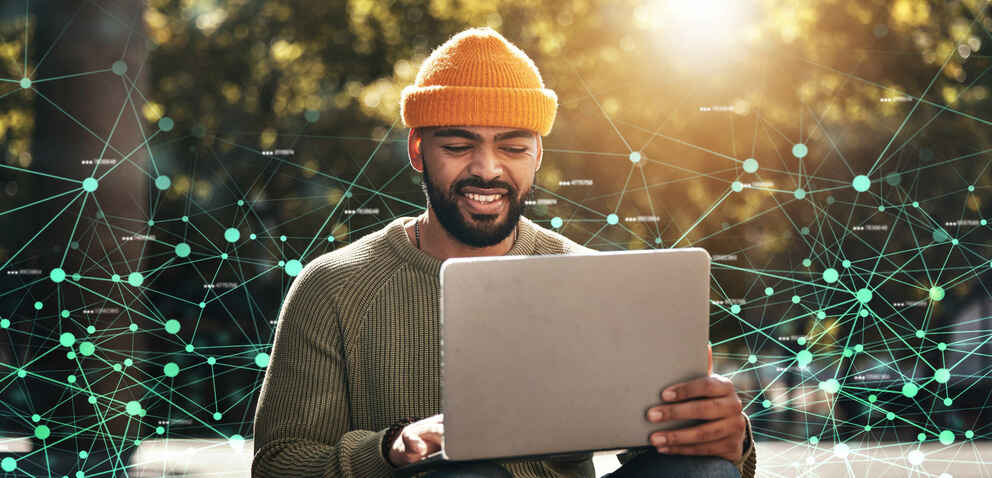 Man, student and laptop hologram of internet, information technology and software development research on campus. African person on computer, data integration and plexus network 