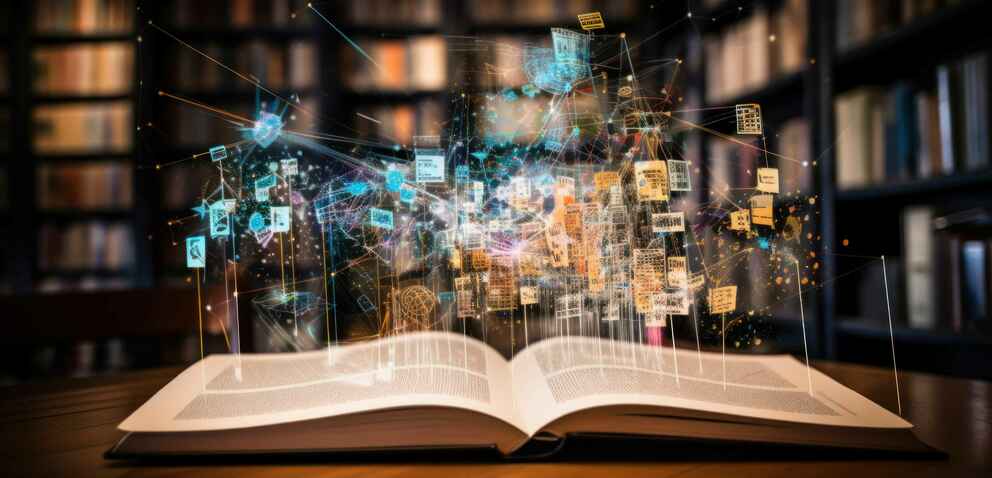 AI in Education. Digital book opening, with AI code and interactive elements. Integration of AI in transforming traditional educational materials into interactive learning experiences