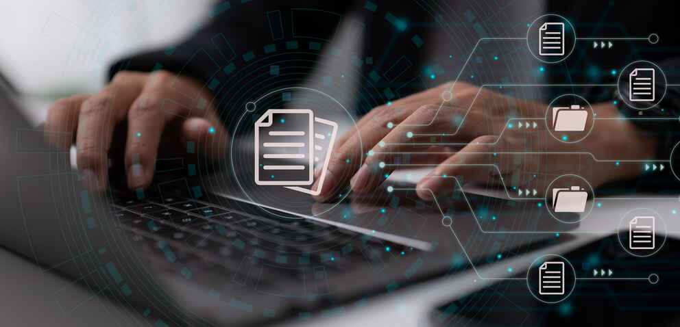 Graphic of a file system superimposed over a laptop.