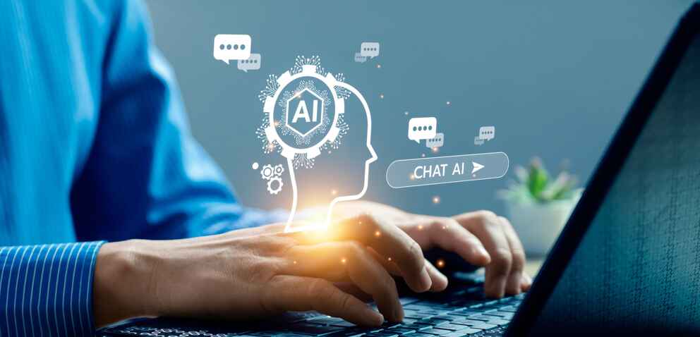 image of an AI chatbot superimposed over a man typing on his computer.