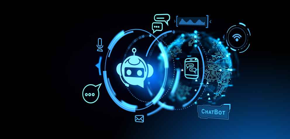 Chat bot hologram and social network icons, AI and virtual assistance